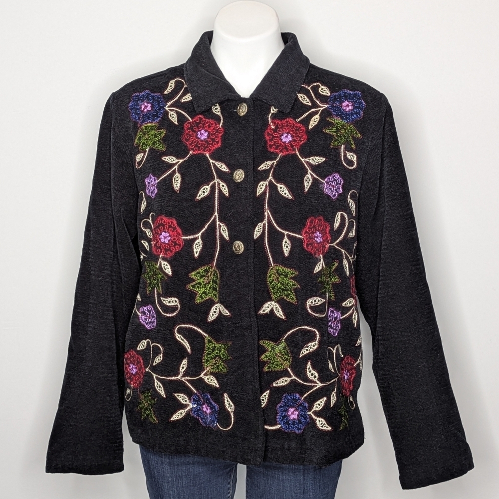 Vintage White Stag Black Red Floral Embroidered Button Up Jacket M